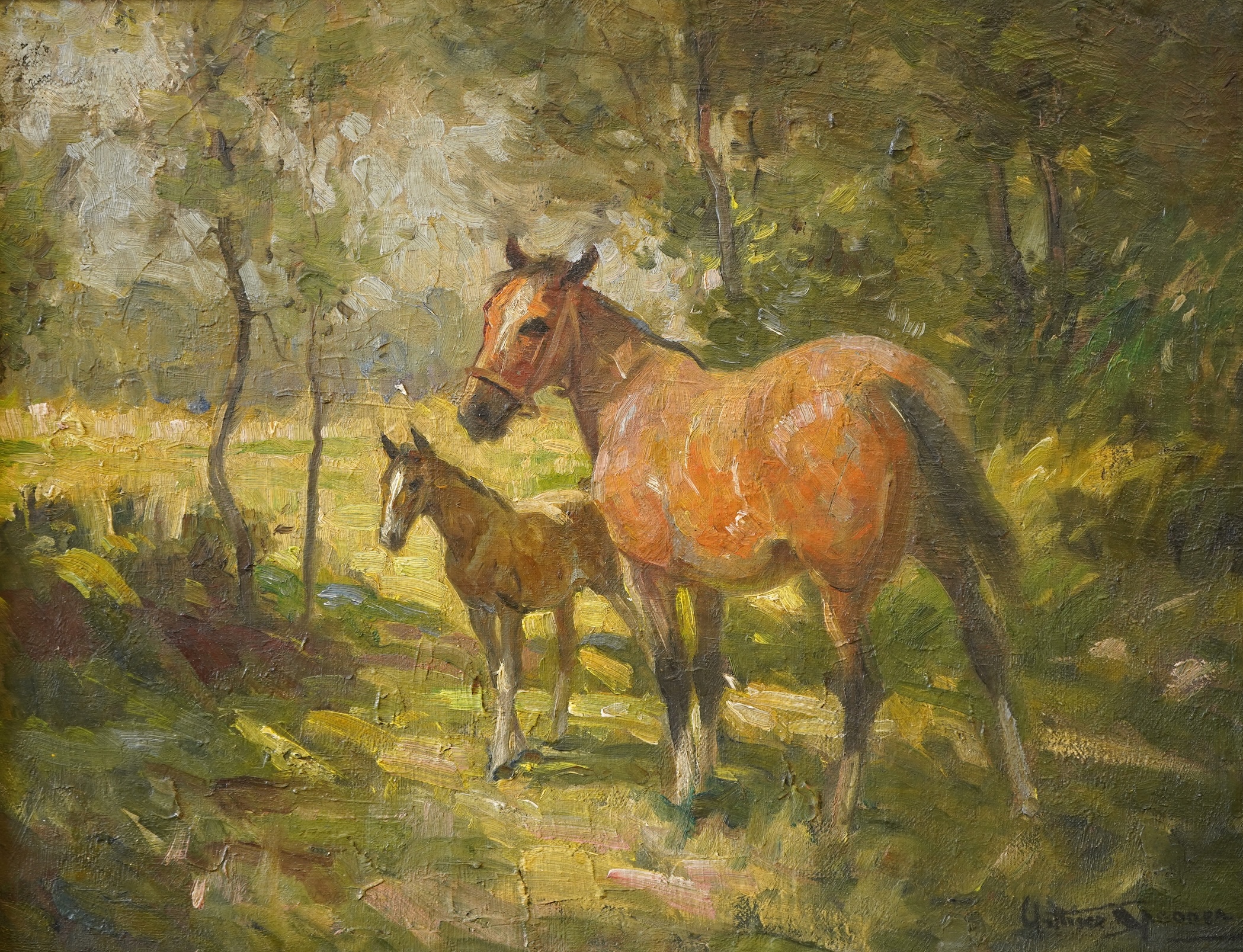 Arthur Spooner (1873-1962), Study of a mare and foal, signed, oil on canvas, 36 x 47cm, Provenance - Artists summer studio, East coast.